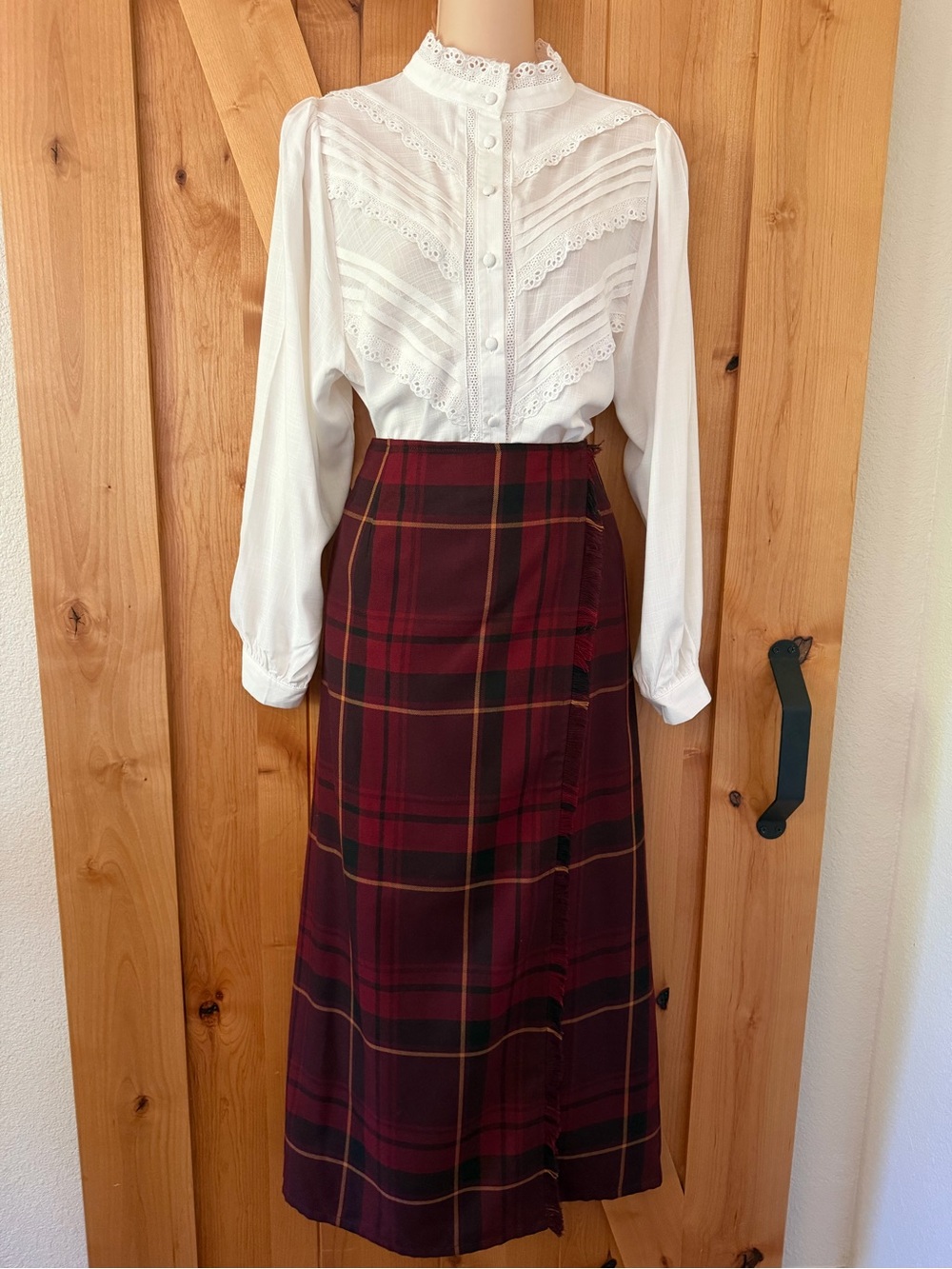 Vintage 90s Tartan Plaid Fringe Ankle Maxi Wrap Skirt 14 Holiday Heritage Prep - Picture 3 of 11